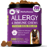 Mshuheene Dog Allergy Chews bottle-cap image shows 200-count supply for ongoing allergy support.
