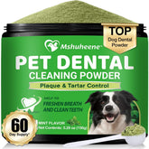 Mshuheene dog dental powder tub front promotes dedicated oral care and fresher breath.