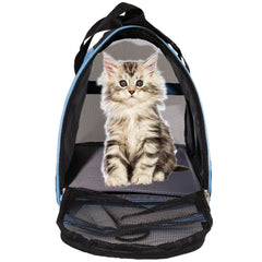MuchL Pet Carrier medium blue side access demonstrates easy pet placement during travel