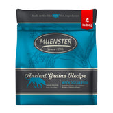 Muenster Ancient Grains Ocean Fish dry dog food bag supports gluten-free high-protein meals for small dogs.