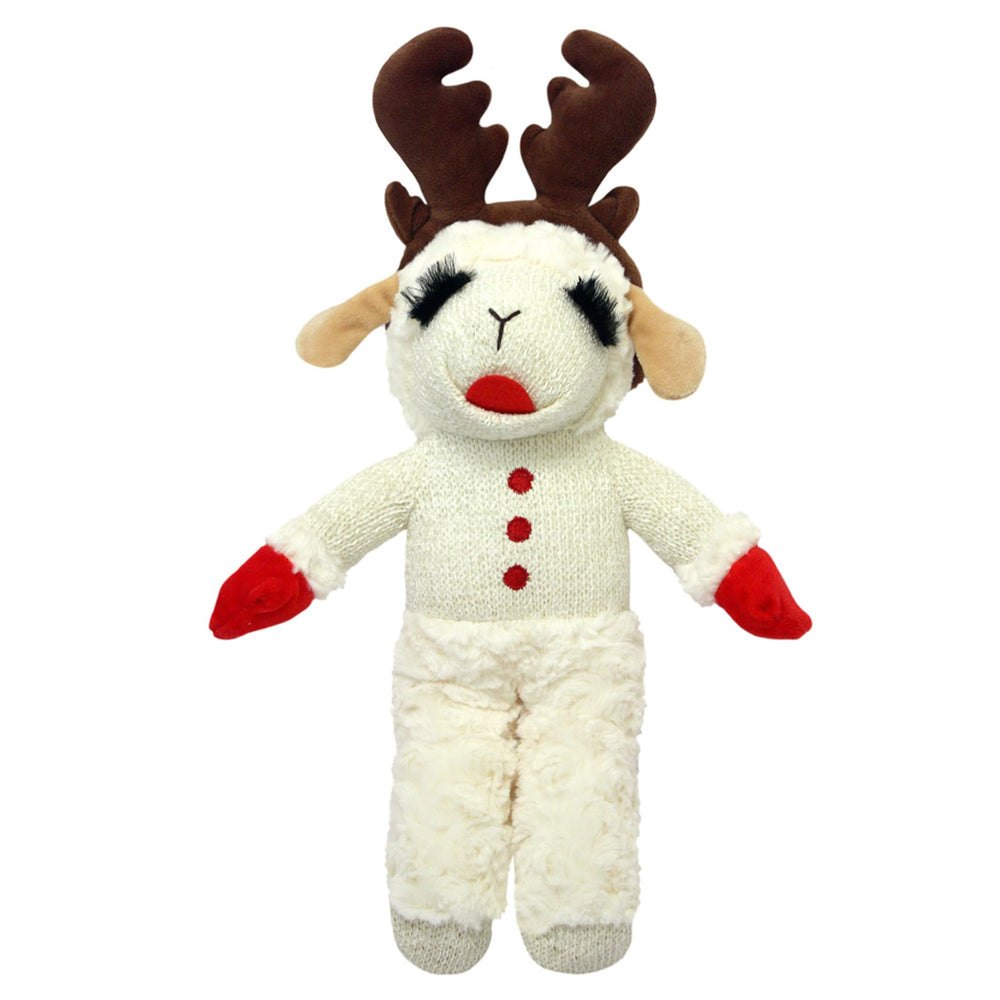 Multipet holiday lamb chop standing with antlers plush toy for festive playtime.