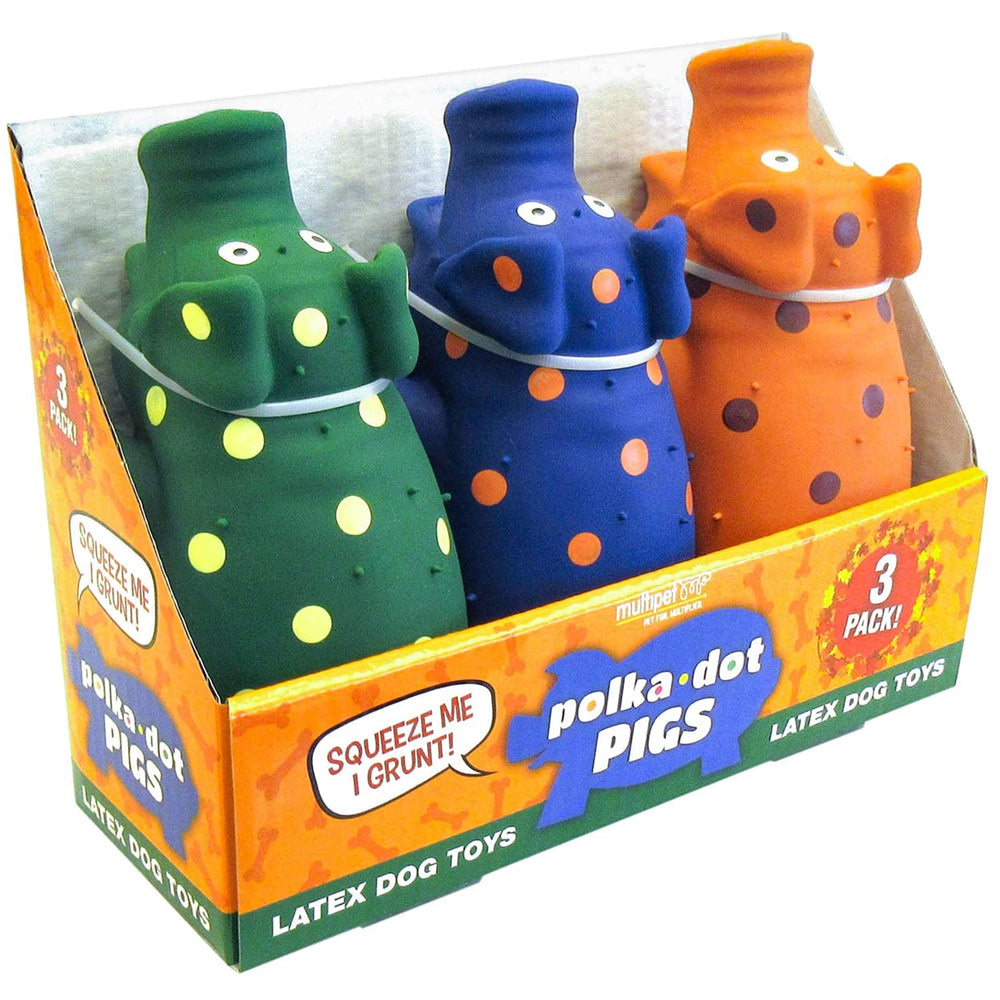 Multipet Polka-Dot Pigs latex dog toy set image 1: durable chew for interactive play.