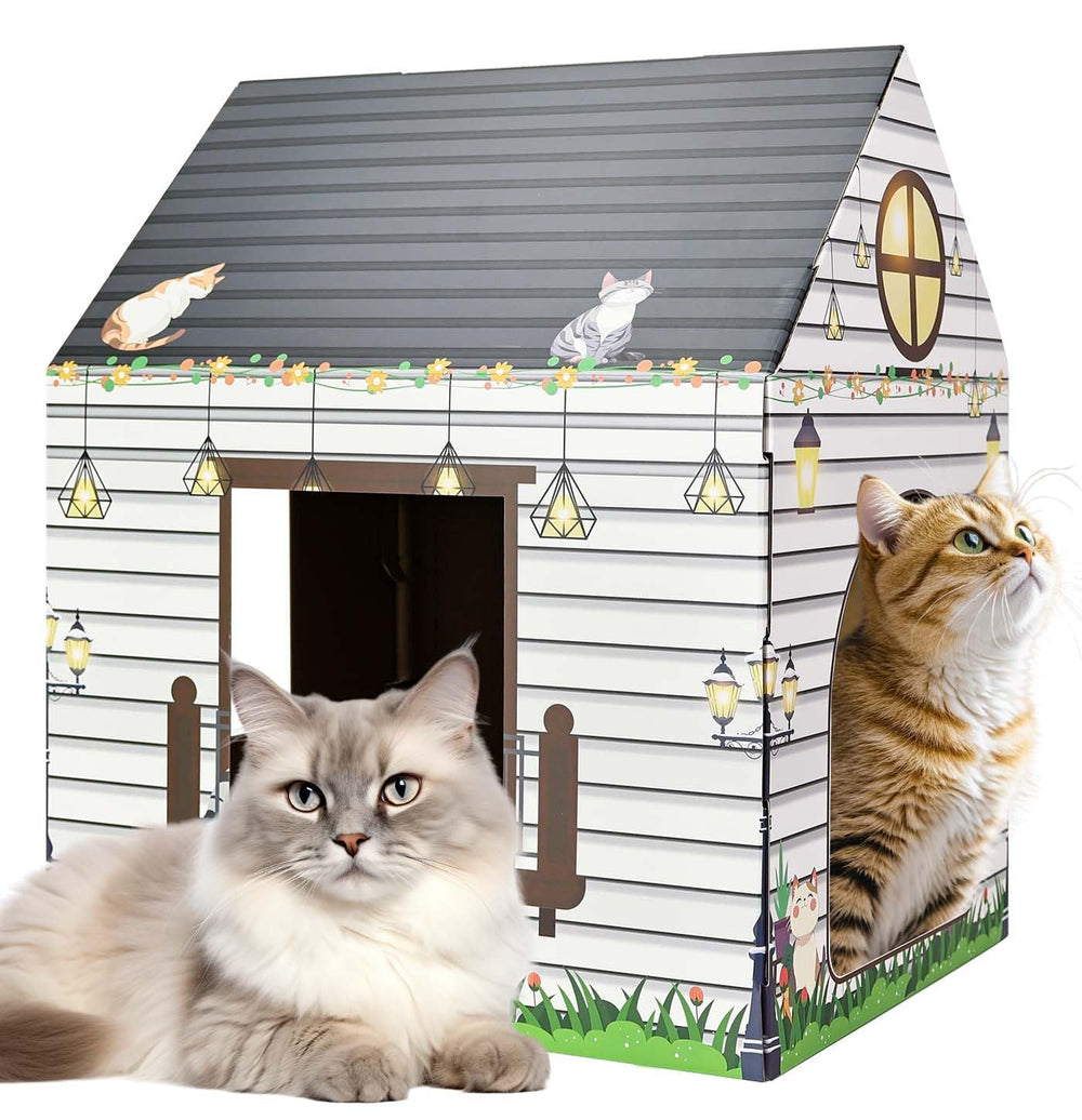 MUNILAIL cardboard cat house with scratcher assembled in living room for cozy play sessions.