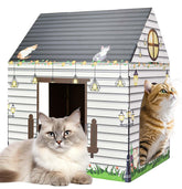 MUNILAIL cardboard cat house with scratcher assembled in living room for cozy play sessions.