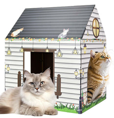 MUNILAIL cardboard cat house with scratcher assembled in living room for cozy play sessions.