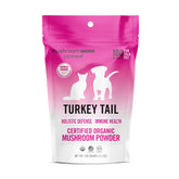 Mushroom Matrix canine turkey tail powder shown in a dog bowl for holistic support