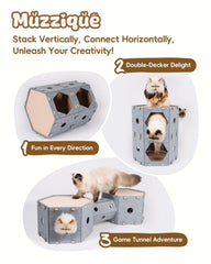 Muzzique cat house expandable-felt-tunnel enables versatile play spaces and easy expansion.