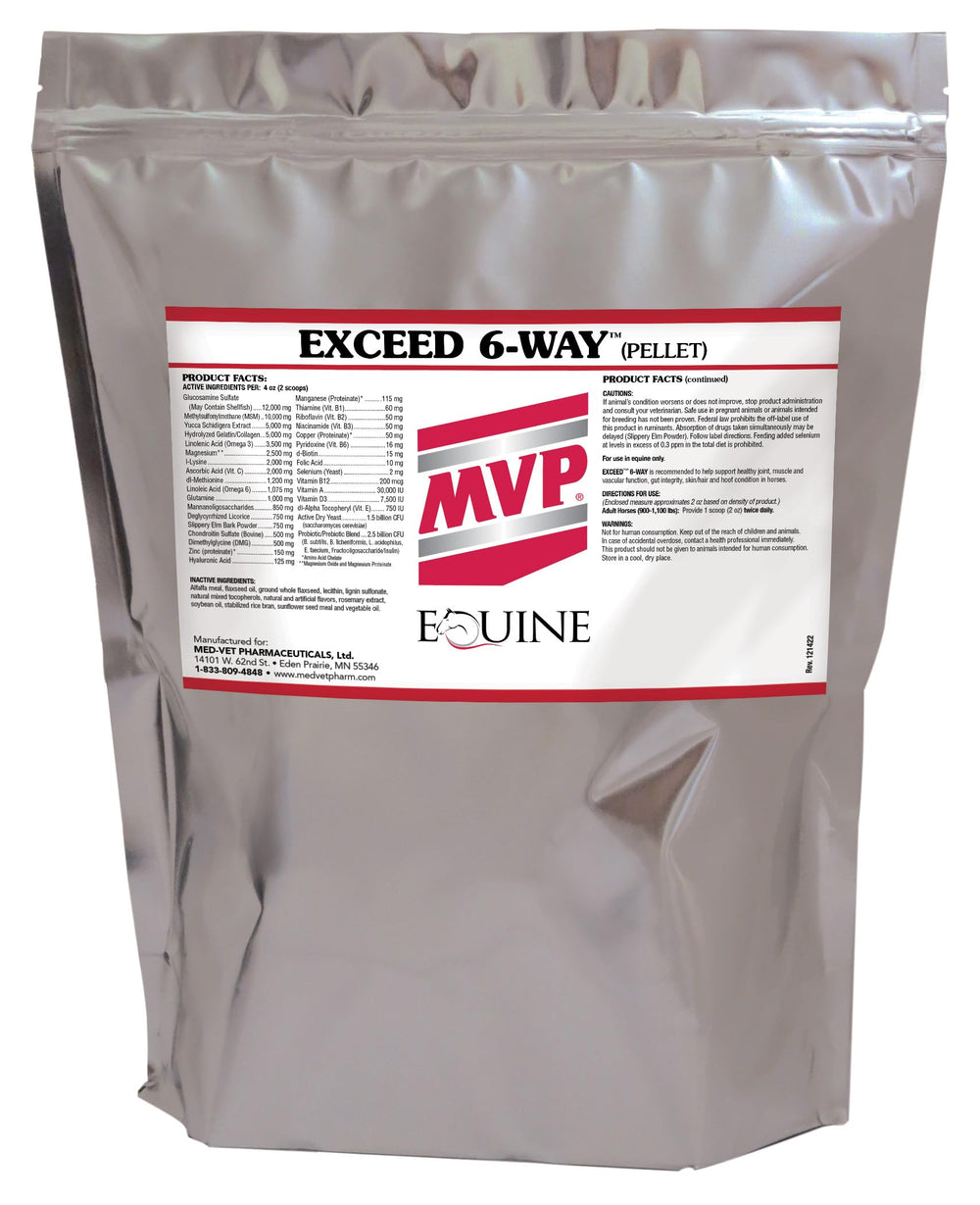 MVP Exceed 6-Way pellets in bag for all-in-one horse wellness.