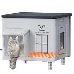 Myodal indestructible heated cat house outside assembly shows quick setup for outdoor warmth.