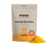 MYOS Canine Muscle Formula bottle front shows branding and easy daily dosing for dogs.
