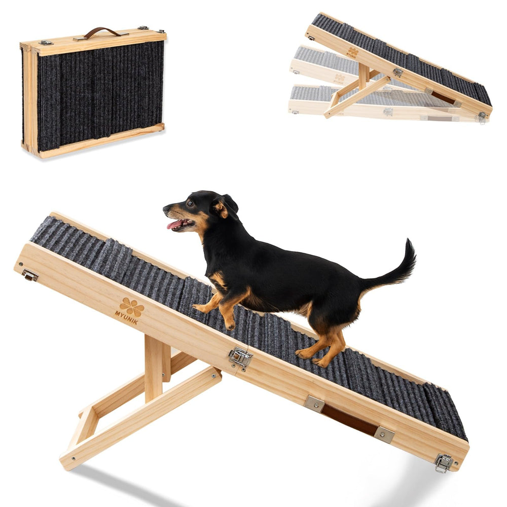MYUNIK foldable wood dog ramp folded for compact storage and easy transport.