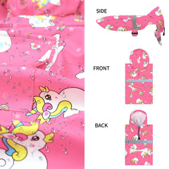 NACOCO large dog raincoat pink unicorn hood close-up highlights breathable fabric.