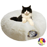 Naielfopet white fluffy round-tunnel-bed provides cozy hideaway for cats and small pets.