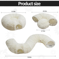 Naielfopet white fluffy tunnel-with-balls includes hanging toys to spark play.