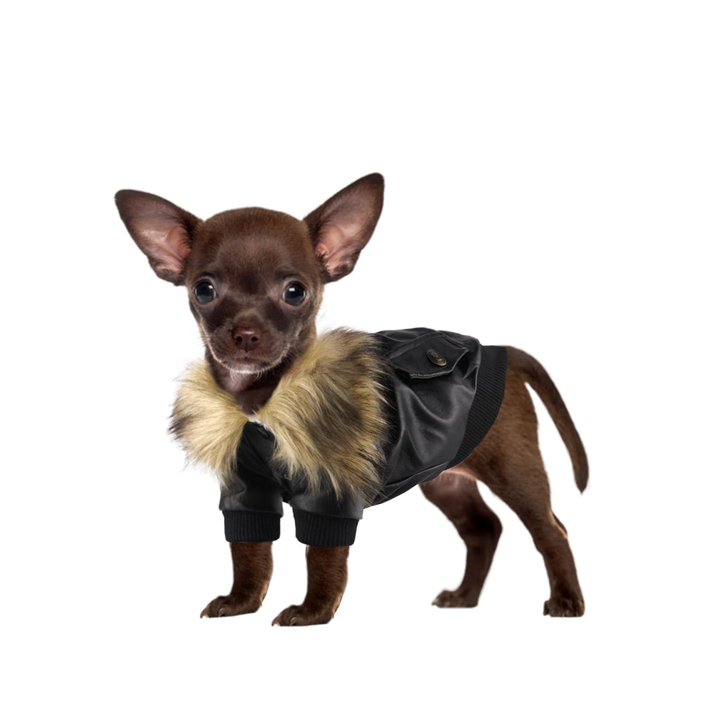NAMSAN small dog winter coat front view with PU leather exterior for cold-day walks.