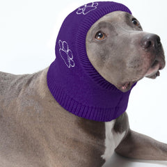 Nanaki dog calming hoodie ear wrap worn on a dog for soothing noise relief.