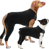 Nanaki dog wound care shirt front view with leg sleeve protection for wounds.