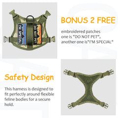 Nanappice tactical cat harness back strap demonstrates adjustable chest and neck access for a comfortable fit.