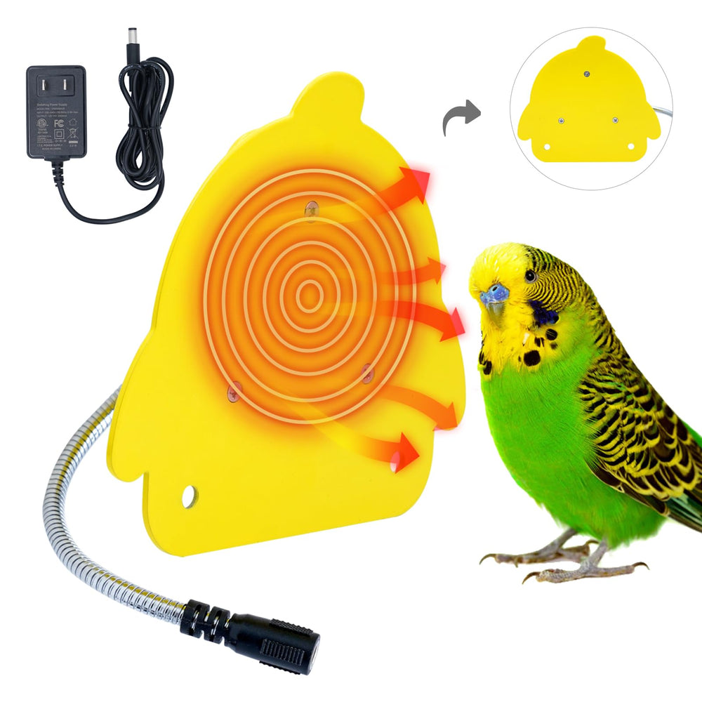 NAOEDEAH bird heater mounted inside a yellow cage for parakeets.