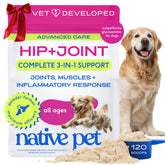Native Pet Advanced Care dog joint powder dispensed into a bowl for mobility support.