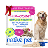 Native Pet Advanced Care powder-tub showing convenient joint support you can mix with dog meals