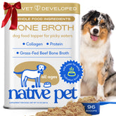 Native Pet bone broth powder closeup highlighting flavor boost and collagen for joints.