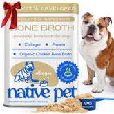 Native Pet bone broth powder pouring into a bowl to boost hydration and flavor.