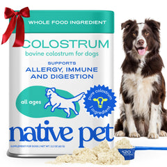 Native Pet Colostrum powder bottle shows immune support for dogs.