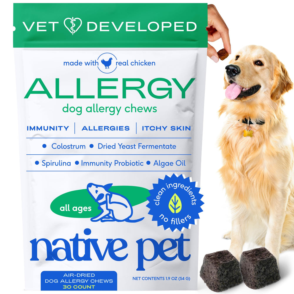 Native Pet Dog Allergy Chews packaging showcases natural ingredients for seasonal relief