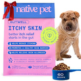 Native Pet GutWell itchy skin pellets bottle demonstrates convenient daily itch relief for dogs.
