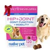 Native Pet Hip & Joint chews in bottle highlighting real chicken flavor and potency