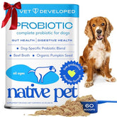 Native Pet Probiotics powder tub with scoop supports daily gut health.