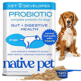 Native Pet Probiotics dog tub front highlighting 6B CFUs for gut health