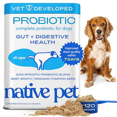 Native Pet Probiotics dog tub front highlighting 6B CFUs for gut health