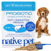 Native Pet Probiotics for Dogs bottle closeup showing potent 6B CFUs supporting gut health