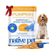 Native Pet Pumpkin for Dogs powder bag close-up, showcasing organic ingredients for gut-friendly fiber