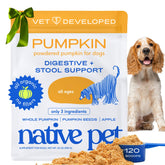 Native Pet Pumpkin for Dogs powder topper sits atop kibble, hinting at gentle digestion support.