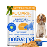 Native Pet pumpkin for dogs powder tub highlighting organic ingredients for digestion support