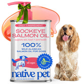 Native Pet salmon oil bottle pour supports skin and coat health for pets.
