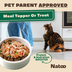 NATOO Cat Food Topper shows protein-boost ingredients to support active cats.