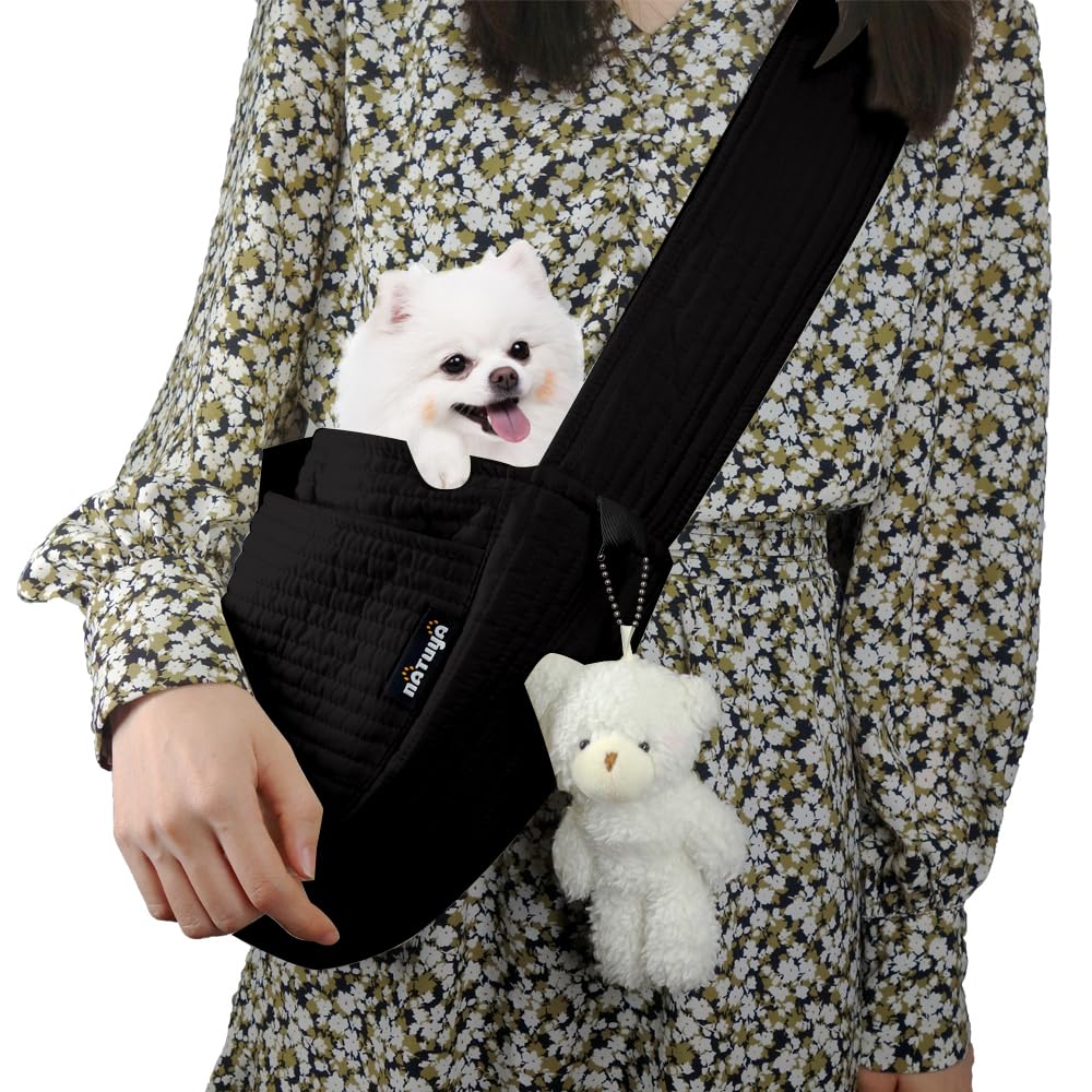 NATUYA small dog carrier sling in black canvas for hands-free outings.