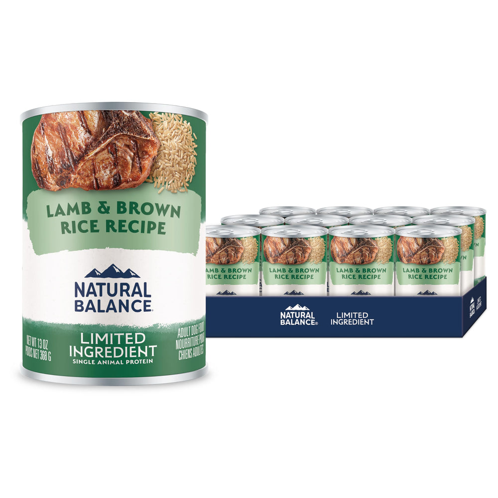 Natural Balance lamb-brown-rice canned dog food pack shows premium protein for steady energy.