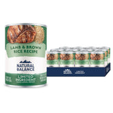Natural Balance lamb-brown-rice canned dog food pack shows premium protein for steady energy.