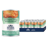 Natural Balance limited ingredient dog food cans featuring chicken and sweet potato for grain-free nutrition.