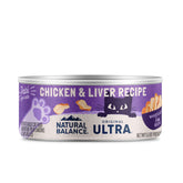 Natural Balance Original Ultra Adult Wet Cat Food can image shows chicken-liver pate for protein-rich nutrition.