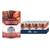 Natural Balance Reserve Bison & Sweet Potato canned dog food can shows single-protein support for sensitive stomach comfort