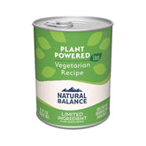 Natural Balance vegetarian dog food can pack showcasing plant-based protein and grains