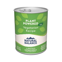 Natural Balance vegetarian dog food can pack showcasing plant-based protein and grains
