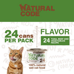 Natural Code beef-heart-aspic cans highlight a limited-ingredient topper with natural moisture.