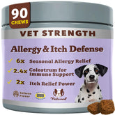 Natural Dog Company Allergy Chews bottle shows vet-strength support for immune and skin health.